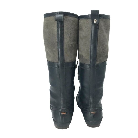 UGG Belcloud Women 8.5 Tall Black Leather Duck Boot Waterproof Sherpa Lined - Picture 3 of 11